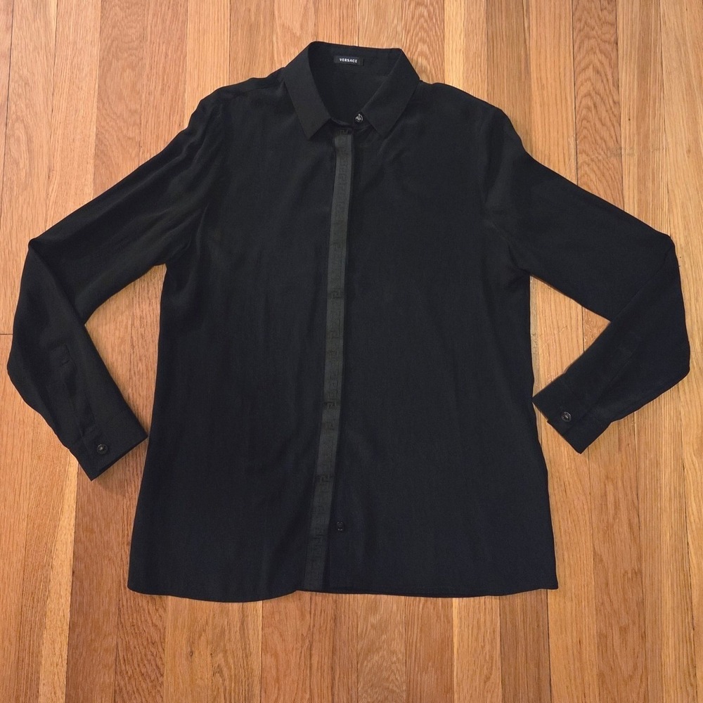 Versace Black Greek Key Medusa Button Up Shirt SilkBlend Style A77064 Sz 40/US 4 - Picture 4 of 10
